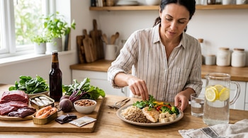 Una mujer sirve verduras en un plato con pechuga de pollo, legumbres y tofu, junto a una jarra de agua con limón y diversos ingredientes.