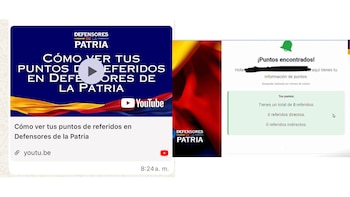 La imagen difundida incluye una referencia a Defensores de la Patria y una pantalla con resultados de puntos asociados a referidos - crédito @migueldelrioabg/X