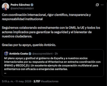Publicación en X del presidente del Gobierno de España, Pedro Sánchez, en respuesta a António Costa, presidente del Consejo Europeo. (X/@sanchezcastejon)