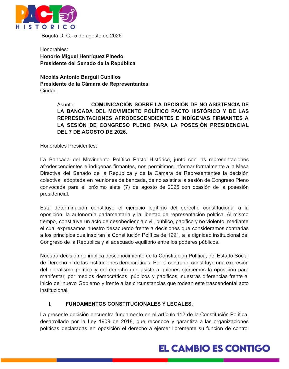 El partido político reiteró su compromiso de no participar en la posesión presidencial - crédito X
