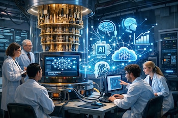 Imagem de cinco cientistas em jalecos em torno de um computador quântico, com tela digital e previsões de IA e redes neurais.
