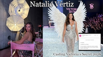 Natalie Vértiz en estudio y modelo con alas blancas desfilando en pasarela Victoria's Secret, con email de invitación al casting en primer plano.