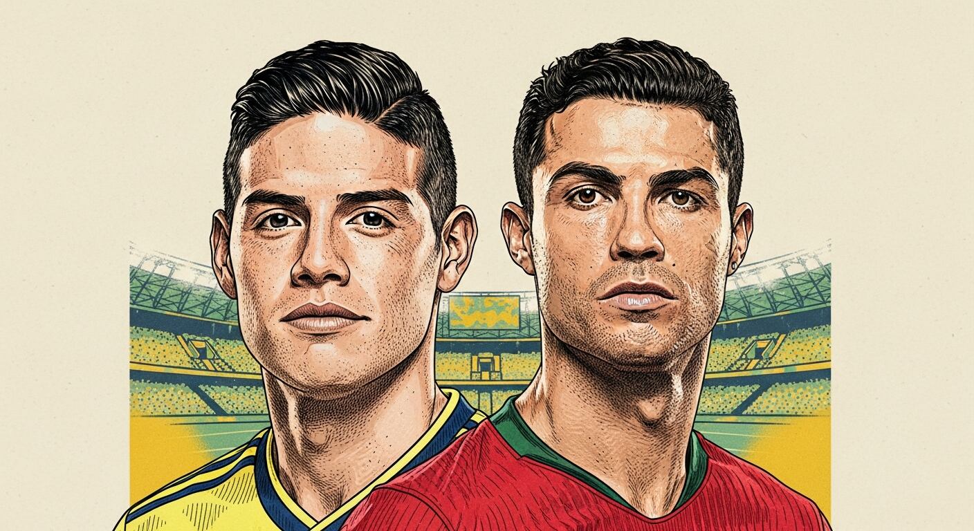 Un retrato muestra a James Rodríguez y Cristiano Ronaldo en primer plano, con un fondo minimalista que sugiere las gradas de un estadio de fútbol - crédito Imagen Ilustrativa Infobae