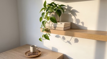 Estante de madera con planta en maceta y tres libros. Mesa de madera con taza de cerámica y gafas sobre bandeja. Pared blanca iluminada por el sol con sombras.