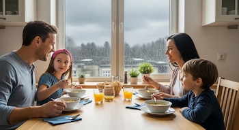 Vista frontal de una familia (padre, madre, hija, hijo) sentada alrededor de una mesa de madera comiendo sopa, con una ventana lluviosa de fondo.
