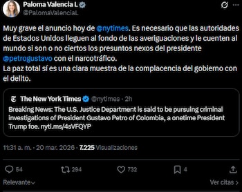 La candidata presidencial Paloma Valencia, reaccionó a las investigaciones en contra de Petro. Aseguró que se trata de un hecho grave- crédito PalomavalenciaL/X