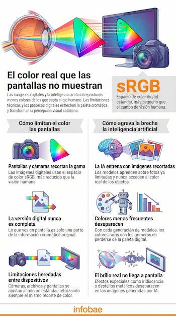 Infografía comparando la percepción de color humana con la reproducción limitada de cámaras, pantallas y IA, usando diagramas de ojo, cámara, monitor y cerebro con AI.