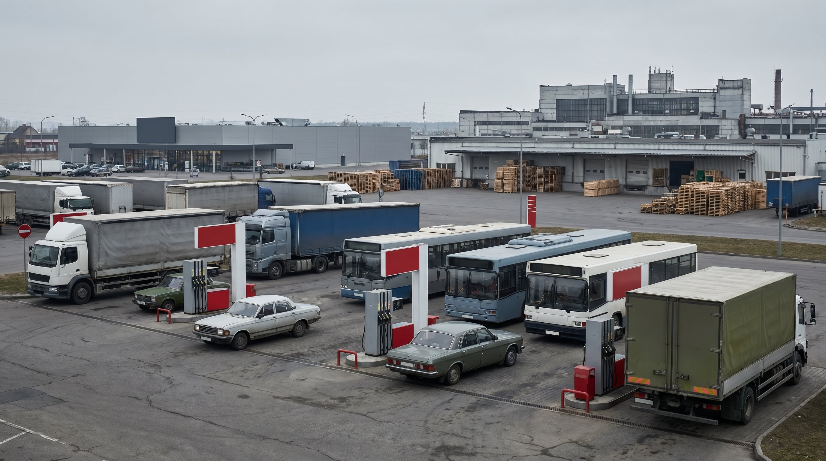 Una estación de servicio con camiones, autobuses y autos en primer plano, y siluetas de un supermercado y una fábrica al fondo, ilustra la interconexión crucial de la cadena de suministro y la logística. (Imagen Ilustrativa Infobae)