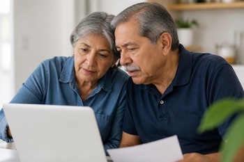 Un hombre y una mujer de edad avanzada observan una pantalla de computadora portátil mientras él sostiene una hoja de papel blanco.