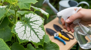 Mano sujeta pulverizador y rocía líquido en hojas de planta con manchas blancas. En el fondo, herramientas de jardinería, una regadera.