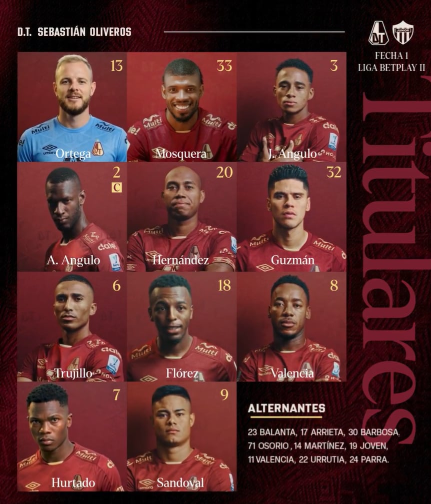 Esta es la alineación de Tolima con la que recibirá a Junior de Barranquilla en Ibagué - crédito Deportes Tolima