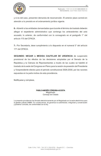 Consejo de Estado admitió una demanda contra el traslado del Congreso a Cali para la toma de mando, pero decidió no suspenderla mientras lo analiza - crédito Consejo de Estado