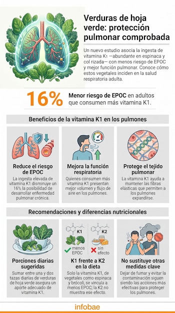 Infografía: ilustración de pulmones rodeados de verduras de hoja verde, espinacas, col rizada, brócoli, moléculas de vitamina K1 y K2, personas fumando.