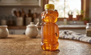 Botella de miel con forma de oso de cristal sobre una mesa de madera. Varias abejas están sobre la botella. Fondo borroso de una cocina