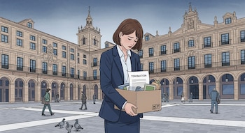 Ilustración de una mujer con traje de oficina y expresión triste, sosteniendo una caja con pertenencias y un papel de 'TERMINATION', en una plaza con edificios y gente.