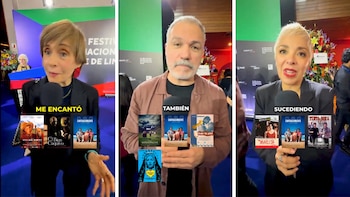 Tres paneles en pantalla muestran a una mujer, un hombre y otra mujer entrevistados con micrófonos, con pósteres de películas y textos digitales