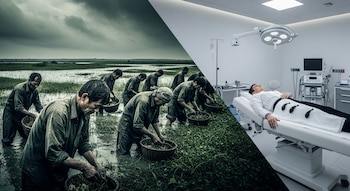Collage visualmente dividido. A la izquierda, recolectores trabajan arduamente en un humedal bajo un cielo sombrío. A la derecha, un hombre yace en una camilla recibiendo terapia con sanguijuelas en una sala médica elegante y luminosa.