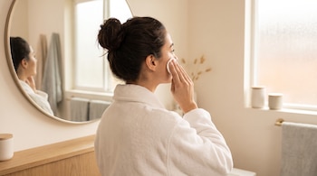 Mujer de cabello recogido y bata blanca, de espaldas, aplica producto con algodón en la mejilla frente a un espejo circular en un baño con ventana.