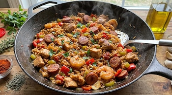 Wok de hierro fundido con jambalaya humeante: arroz, trozos de pollo, salchichas, camarones, apio, pimiento rojo y perejil fresco. Se aprecian especias y aceite.