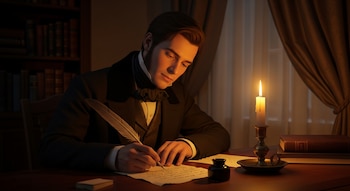 Hombre victoriano con traje oscuro y corbatín, sentado en un escritorio de madera, escribe con una pluma sobre papel iluminado por una vela encendida.