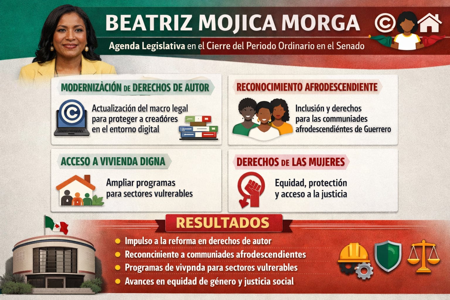 La senadora Beatriz Mojica Morga presenta su agenda legislativa destacando modernización de derechos de autor, reconocimiento afrodescendiente, acceso a vivienda y derechos de las mujeres