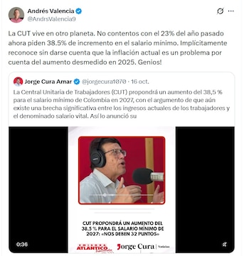 Andrés Valencia, exministro de Agricultura, criticó a la CUT y dijo que "vive en otro planeta" - crédito @AndrsValencia9/X