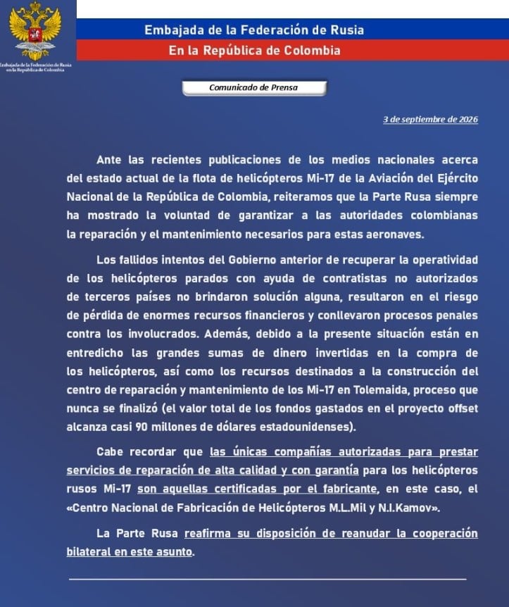 La embajada rusa en Colombia comunicó que está dispuesta a restablecer relaciones con el país para avanzar en temas estratégicos de las Fuerzas Militares - crédito suministrada a Infobae Colombia