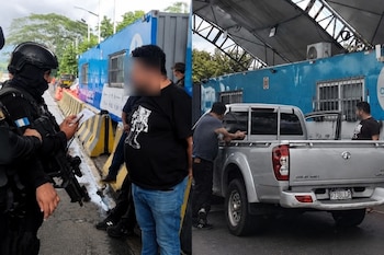 Dos fotografías de un policía de Guatemala revisando un papel junto a un hombre con rostro borroso y una camioneta gris estacionada.