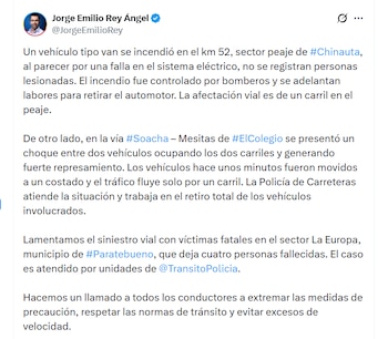 Reporte oficial de la Gobernación de Cundinamarca - crédito Jorge Emilio Rey / X