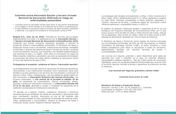 La jornada de vacunación en Colombia incluirá una noche de atención el 24 de julio, puestos en parques, plazas, centros comerciales y centros de salud el 25, y visitas a colegios del 27 al 31 de julio - crédito @minsaludcol/X