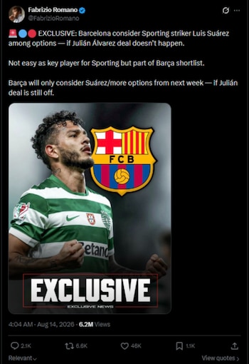 El club catalán solo contactaría al Sporting la próxima semana si no avanza la operación por el atacante argentino Julián Álvarez-crédito @FabrizioRomano/X