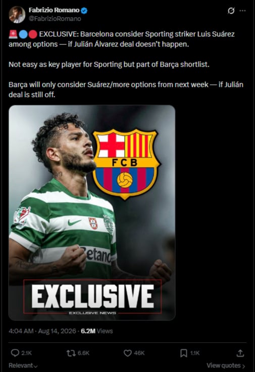 Luis Javier Suárez fue vinculado con el FC Barcelona -crédito @FabrizioRomano/X