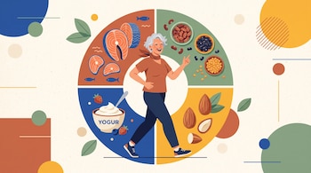 Ilustración de una mujer de cabello canoso caminando en un círculo con cortes de salmón, porotos, almendras y un tazón de yogur.