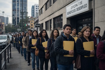 Una fila de hombres y mujeres de pie en una acera, cada uno con una carpeta amarilla, frente a un edificio con el letrero Oficina de Beneficios Desempleo.