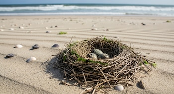 Un primer plano muestra un nido de ramas y hierba con tres huevos moteados sobre la arena de la playa, con el mar y las olas de fondo.