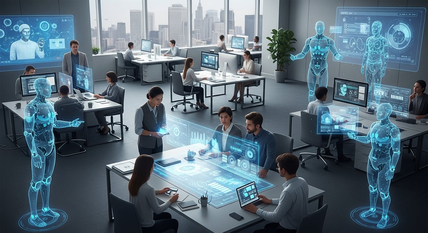 Empleados humanos colaboran con asistentes de inteligencia artificial visibles como hologramas, mostrando la transformación del trabajo en un entorno de oficina moderno con vistas a una ciudad. (Imagen Ilustrativa Infobae)