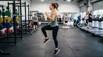 Una mujer realiza una elevación de rodilla en un gimnasio con racks de pesas, barras, discos de colores, mancuernas, cintas de correr y otras personas.
