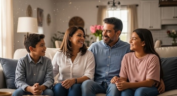 Una familia hispana de cuatro miembros, padre, madre, hijo y hija, sentados en un sofá claro en su sala de estar, sonríen y se miran entre sí.