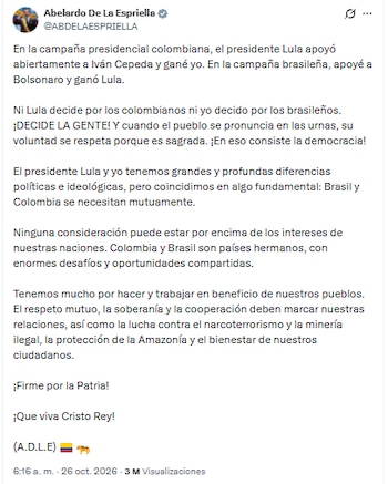 Mensaje de Abelardo de la Espriella sobre las relaciones bilaterales entre Colombia y Brasil