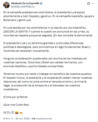 Con esta publicación en sus redes sociales, el presidente Abelardo de la Espriella se refirió sobre las relaciones bilaterales entre Colombia y Brasil tras la victoria de Lula da Silva - crédito @ABDELAESPRIELLA/X