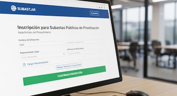 Pantalla de computadora muestra el sitio web SUBAST.AR con un formulario de inscripción para subastas públicas de privatización. Se ve un mouse negro sobre un escritorio de madera.