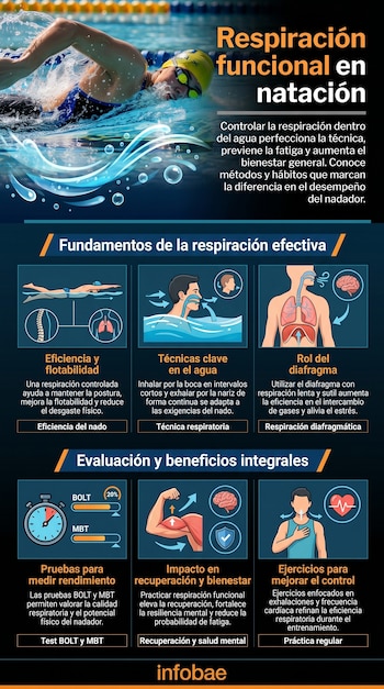 Infografía detalla respiración funcional en natación con un nadador en la piscina, además de diagramas sobre técnicas respiratorias y sus beneficios.