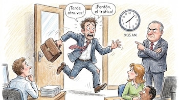 Dibujo de un hombre desaliñado corriendo hacia una oficina abierta. Un jefe enojado le señala. Dos compañeros de trabajo lo observan. Un reloj de pared marca las 9:35 AM.