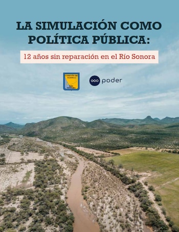 Vista aérea de un río marrón que fluye entre vegetación árida y montañas al fondo. Arriba, texto y logos de Comités de Cuenca Río Sonora y Poder