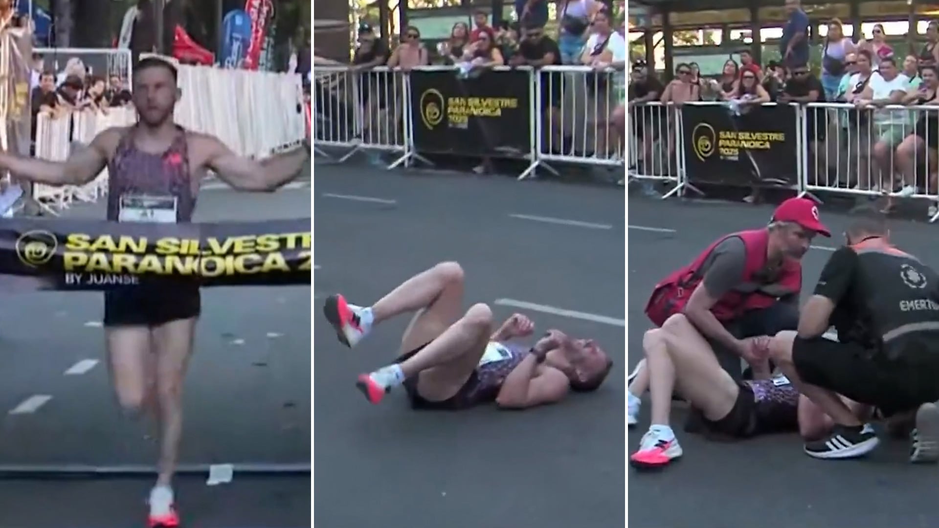 El ganador de la carrera San Silvestre 2025 se desvaneció al cruzar la meta luego de sufrir un golpe de calor (captura de video)