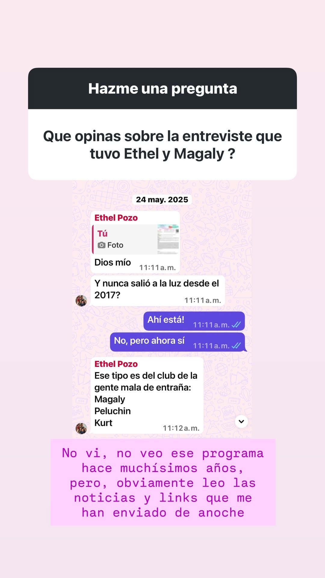 Otro chat de mayo de 2025 mostró a Ethel Pozo refiriéndose a Magaly Medina, Rodrigo González y Kurt Villavicencio en medio de la polémica por el abrazo televisivo.