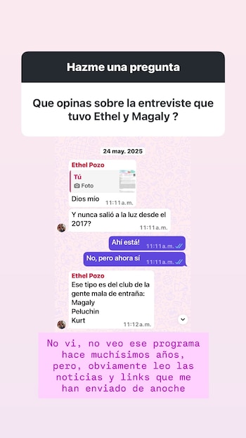 Captura de pantalla de un chat de WhatsApp con un recuadro de pregunta y mensajes entre "Ethel Pozo" y "Tú" sobre una entrevista de televisión