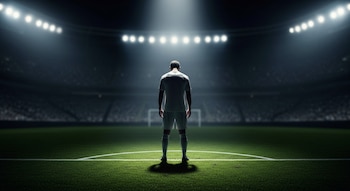 Un futbolista con camiseta y pantalón corto blancos, de espaldas en el centro de un campo de fútbol iluminado, con un arco y tribunas desenfocadas al fondo.