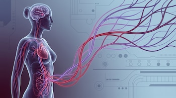Ilustración de una mujer de perfil con cerebro, corazón y órganos abdominales visibles. Líneas luminosas rojas y violetas conectan las estructuras.