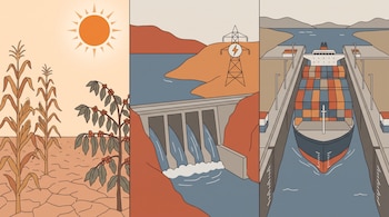 Ilustración dividida en tres partes con cultivos secos bajo el sol, una represa hidráulica y un buque portacontenedores en un canal.
